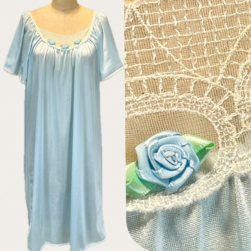 VINTAGE pastel baby blue silky nylon nightgown flutter sleeve lace floral 80s